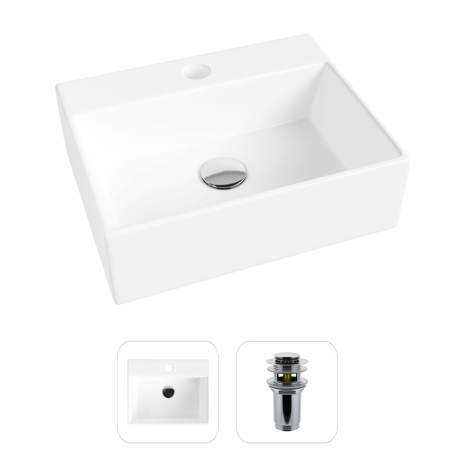 Накладная раковина в ванную Helmken 34439000 комплект 2 в 1: умывальник прямоугольный 39 см, донный клапан click-clack в цвете хром