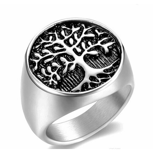 Славянский оберег, печатка Кольцо печатка с гравировкой Древо жизни, размер 20, черный, серебряный