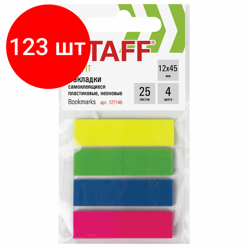 Комплект 123 шт, Закладки клейкие STAFF неоновые, пластиковые, 12х45 мм, 4 цвета х 25 листов, европодвес, 127148 закладки клейкие post it study пластиковые 12 мм 4 цвета х 24 шт