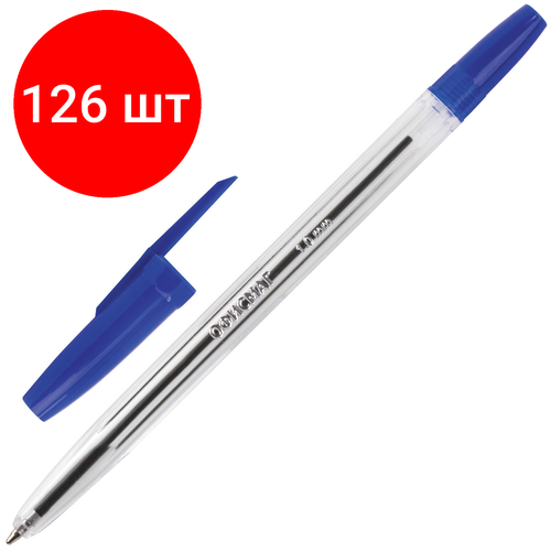 Комплект 126 шт, Ручка шариковая офисмаг Line, синяя, корпус прозрачный, узел 1 мм, линия письма 0.5 мм, 141878