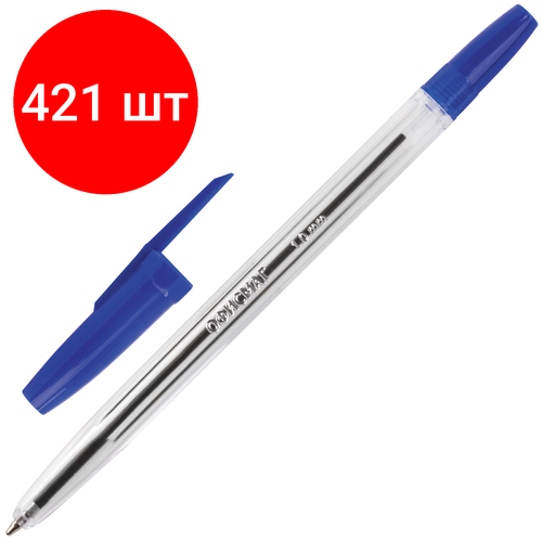 Комплект 421 шт, Ручка шариковая офисмаг Line, синяя, корпус прозрачный, узел 1 мм, линия письма 0.5 мм, 141878