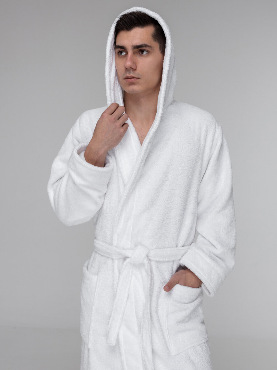 Мужской белый махровый халат с капюшоном 56 - фотография № 2