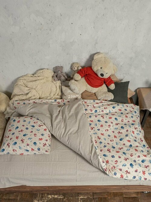 Постельное белье Argnord 1,5-спальное из льна Зверята комбинированный бежевый с наволочками 70х70