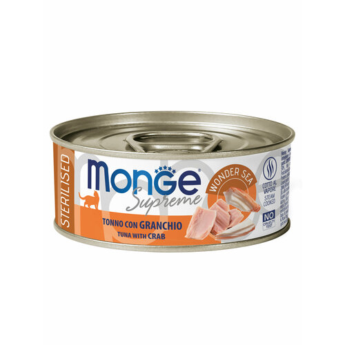 Влажный корм Monge Supreme sterilized для стерилизованных кошек из тунца с крабом, консервы 80 г