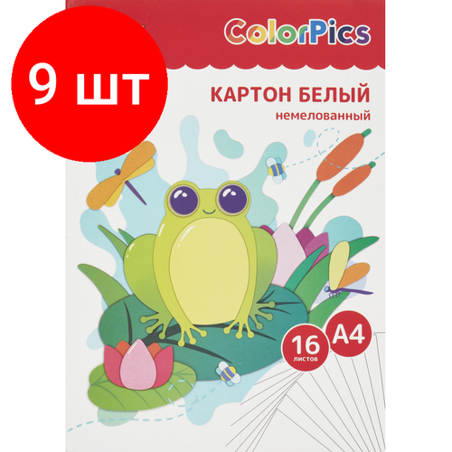 Комплект 9 штук, Картон белый №1School 16л, А4 немелованный ColorPics в папке