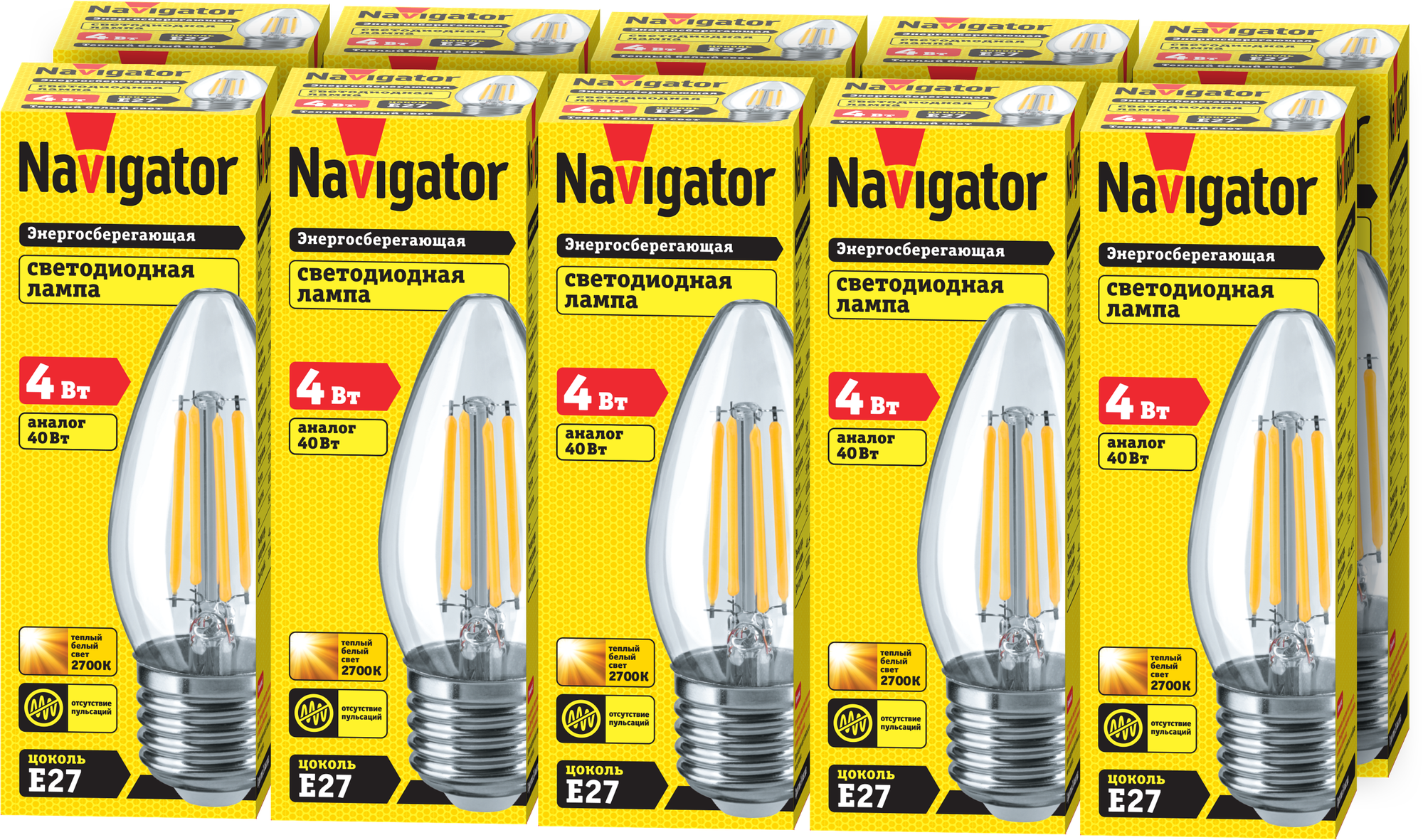 Лампа светодиодная филаментная Navigator 14 005, свеча, 4 Вт, Е27, теплого света 2700К, упаковка 10 шт.