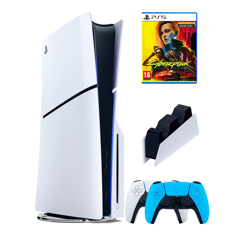 PS5 (ПС5) Игровая приставка Sony PlayStation 5 Slim disc + 2-й геймпад (голубой)+ зарядное + игра Cyberpunk