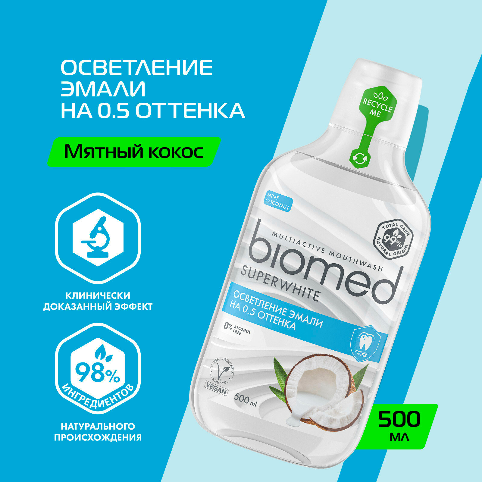 Ополаскиватель для полости рта Biomed Superwhite, кокос, усиливает отбеливающие свойства зубной пасты, 500 мл