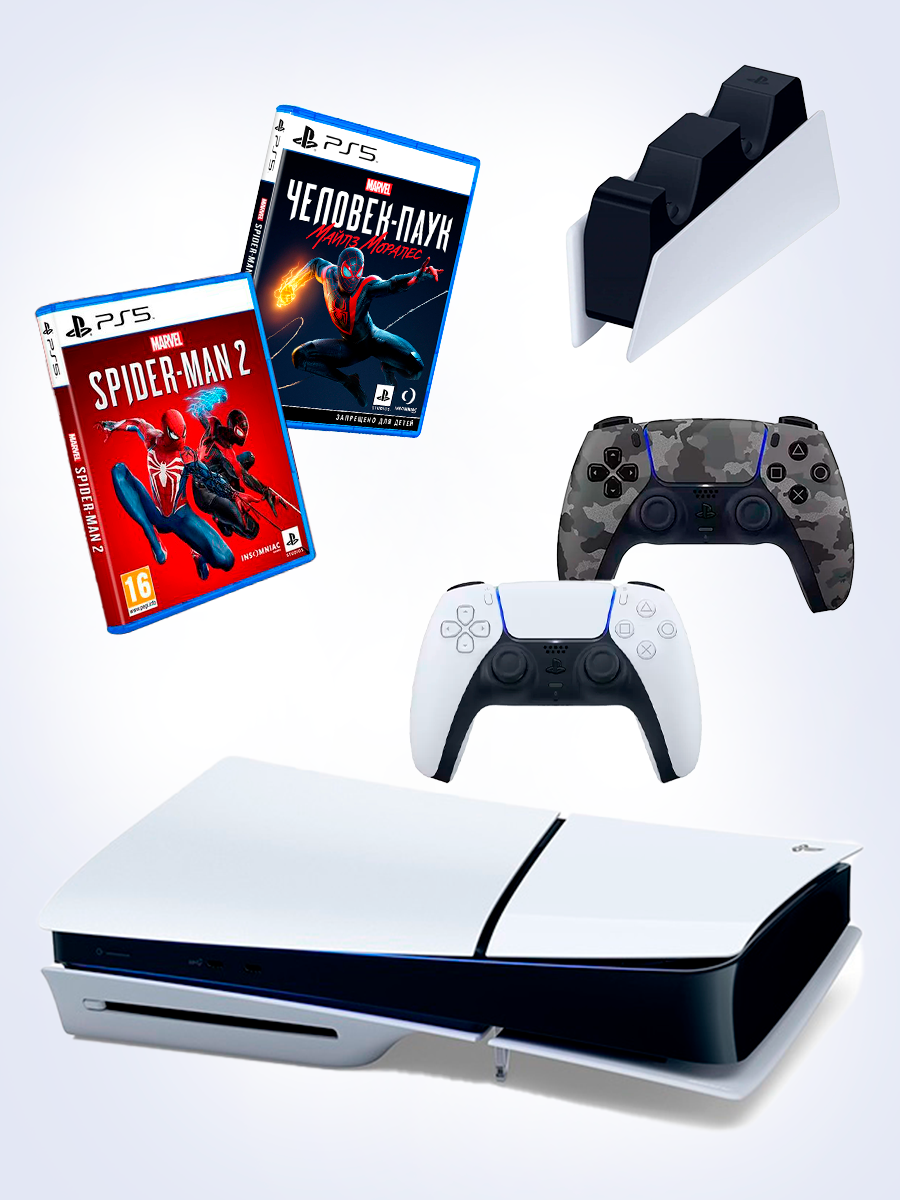 PS5 (ПС5) Игровая приставка Sony PlayStation 5 Slim disc +2-й геймпад (камуфляж) +зарядное + игра Spider-Man2 + игра Marvel Человек паук