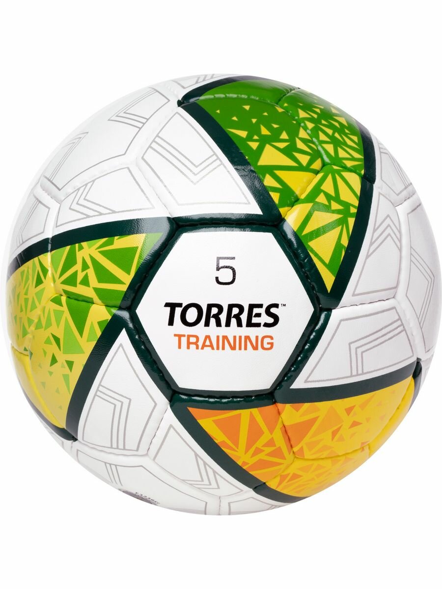 Мяч футб. TORRES Training, F323955, р.5, 32 пан. ПУ, 4 подкл. слоя, руч. сшивка, бело-зел-жёлт