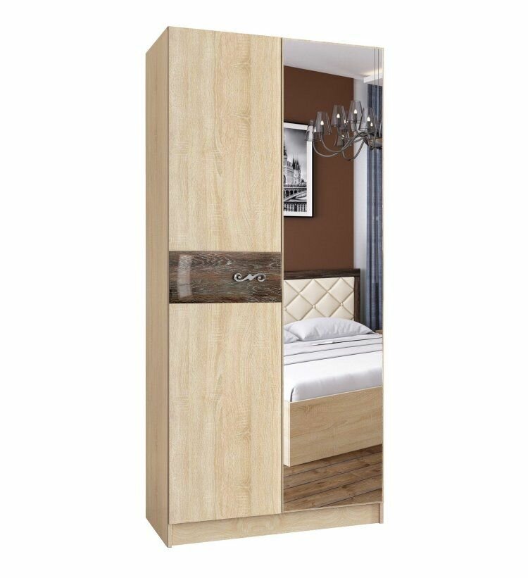 фото Шкаф двустворчатый Мадлен, ЛДСП Дуб Сонома/МДФ ПВХ Дуб Шале мореный, с полками, штангой, зеркалом, для спальни, гостиной, 1000х2200х556 тэкс