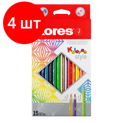 Комплект 4 наб, Карандаши цветные 15 цв. 3-гран Kores Kolores Style, 93310 карандаши цветные kores kolores metallic style 12 шт трехгранные пластик 93316