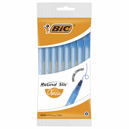 Ручки шариковые BIC Round Stic, набор 8 шт, синие, узел 1 мм, линия письма 0,32 мм, пакет, 928497 упаковка 6 шт.