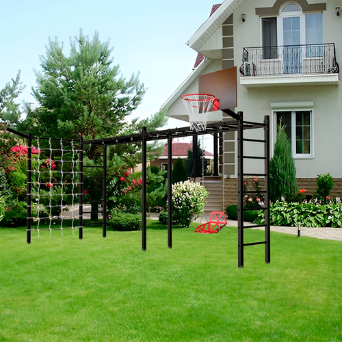 Уличная шведская стенка Sv Sport рукоход х 2 с комплектом турник прямой и сеткой У50455К (ступени Чёрные)