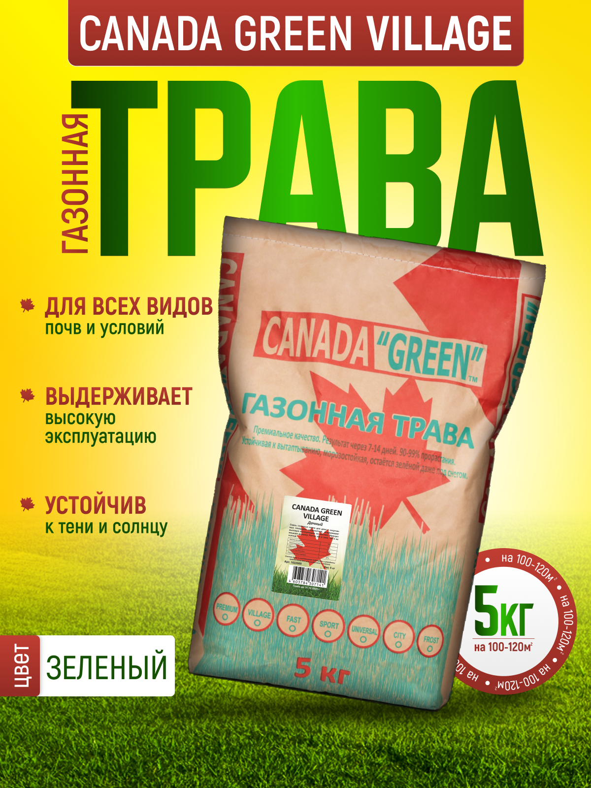 Газонная трава семена Канада Грин Дачная 5 кг / семена газона райграс, мятлик, овсяница