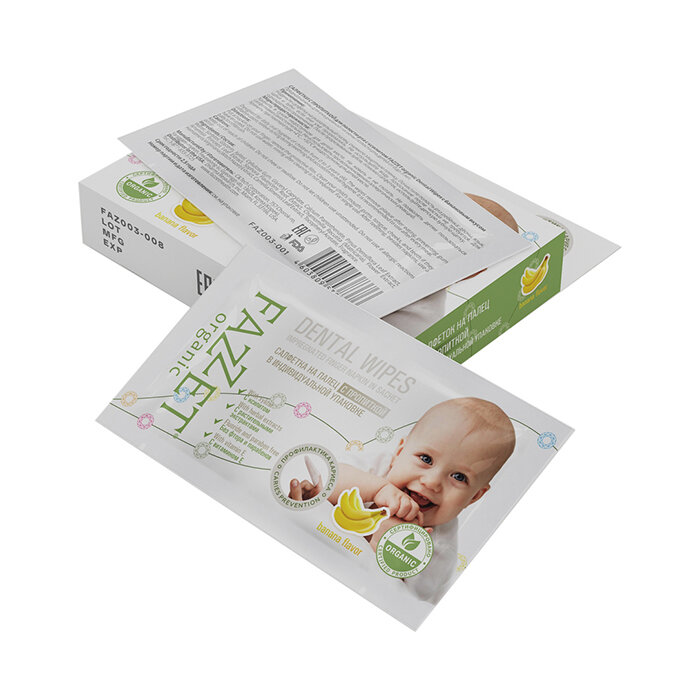 Cалфетки влажные детские для полости рта с ксилитом с 0 до 3 лет банановые Dental Wipes Fazzet 8шт Adwin Korea Corp - фото №6
