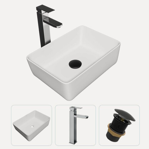 Изображение товара Раковина накладная для ванной Teymi Helmi 50 в комплекте смеситель высокий хром и донный клапан клик-клак без перелива черный F01697