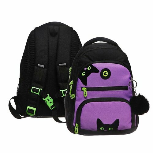Рюкзак школьный, 39 х 30 х 19 см, Grizzly, эргономичная спинка, + брелок, чёрный/фиолетовый брелок да нет подкова латунь 3 х 3 5 х 2 5 см