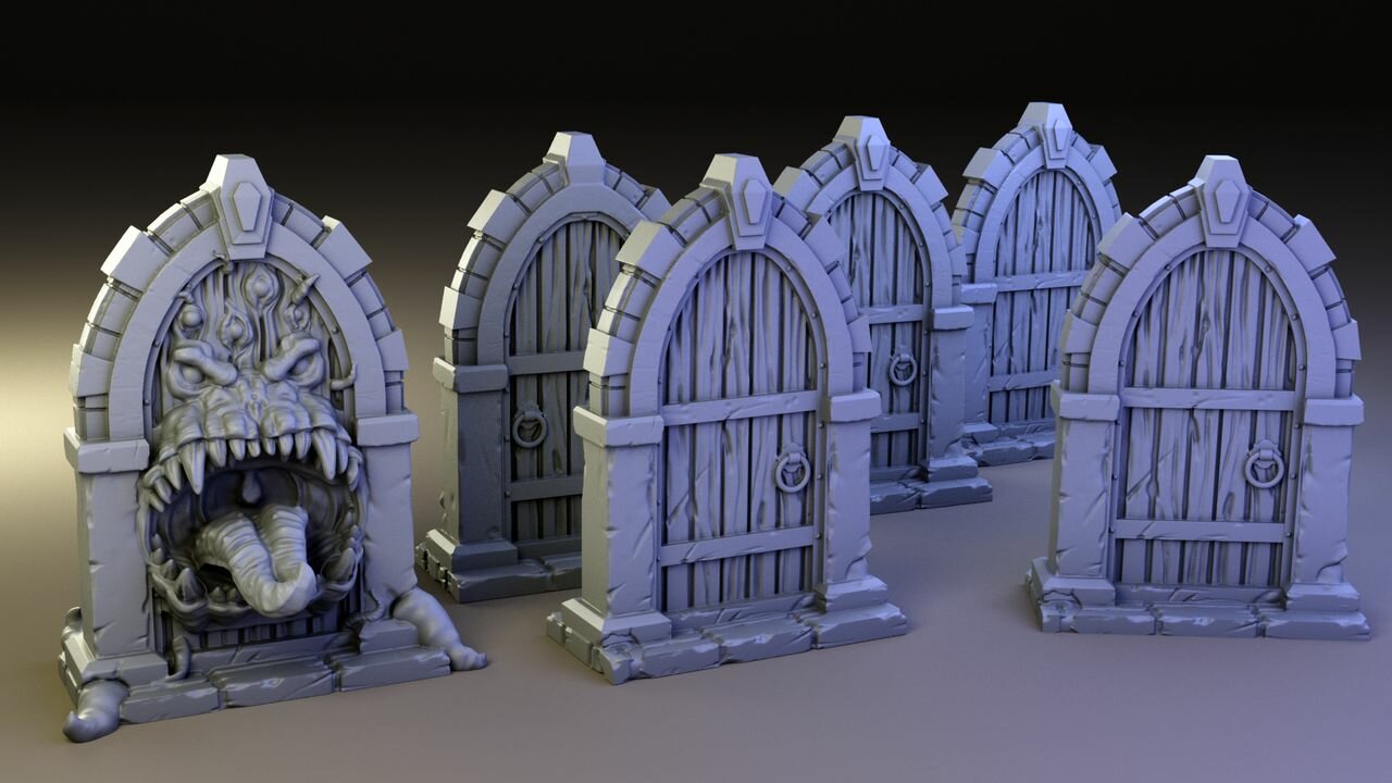 Набор Дверей подземелья Террейн и Мимик-дверь миниатюра для DnD (ДнД) и других Настольных игр (НРИ, Варгеймов или РПГ), фентези тематика