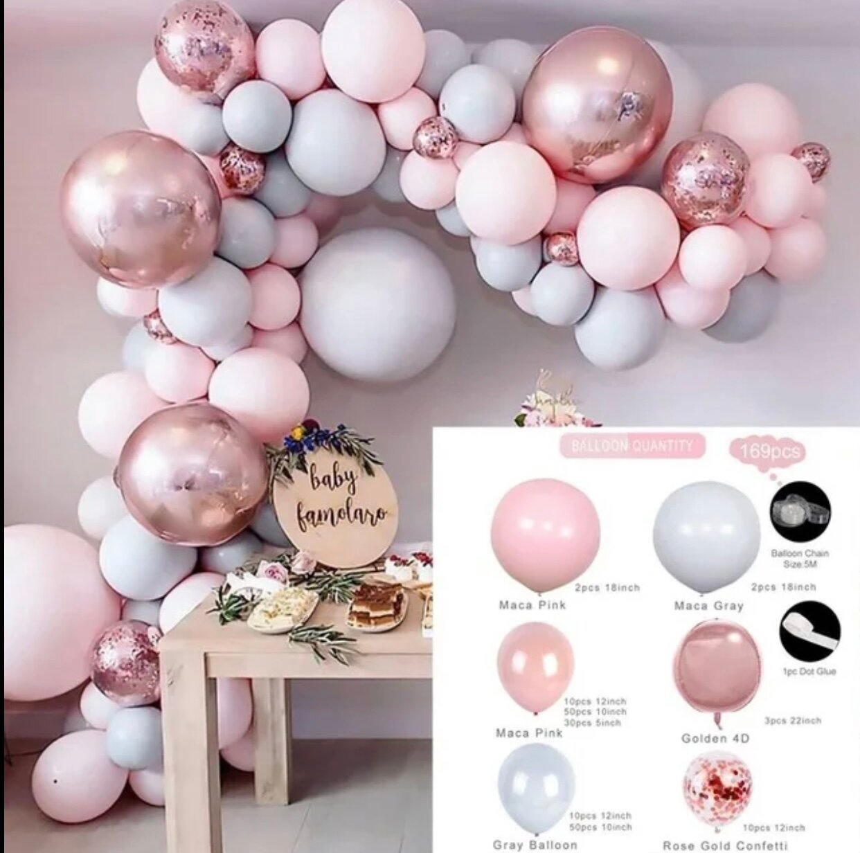Арка из воздушных шариков "Розовый, серый» 167 предметов