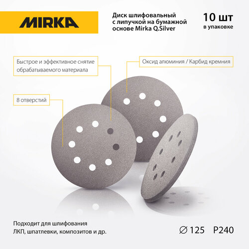 Диск шлифовальный с липучкой на бумажной основе Mirka QSilver 125мм 8 отв P240, в уп. 10 шт