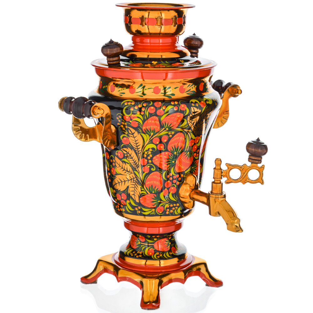 фото Самовар электрический 1,5 литра с художественной росписью «Клубника в зелени №2» формы «Тюльпан»