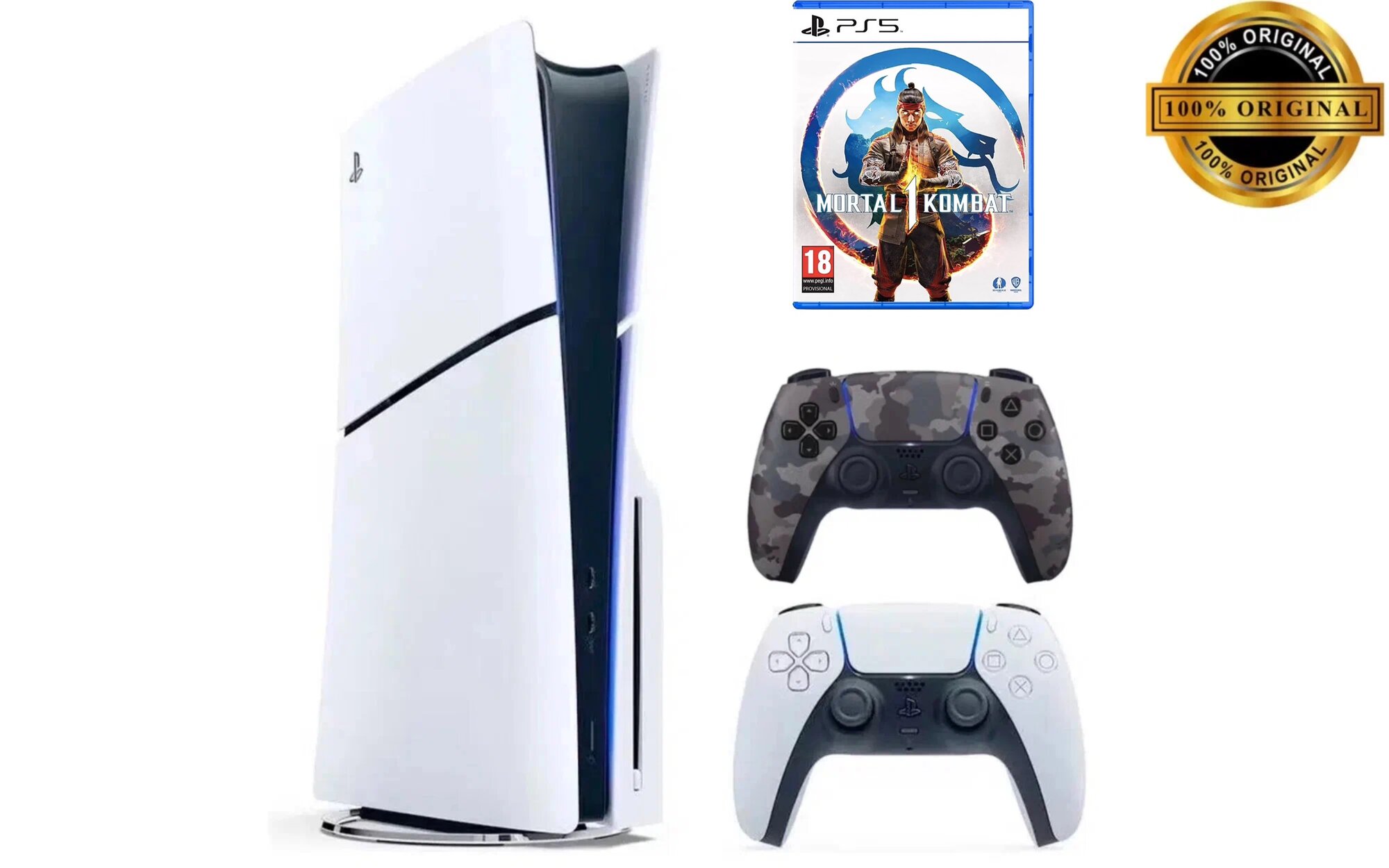 Игровая приставка Sony PlayStation 5 Slim, с дисководом, 1 ТБ, два геймпада (белый и камуфляжный), Mortal Kombat 1