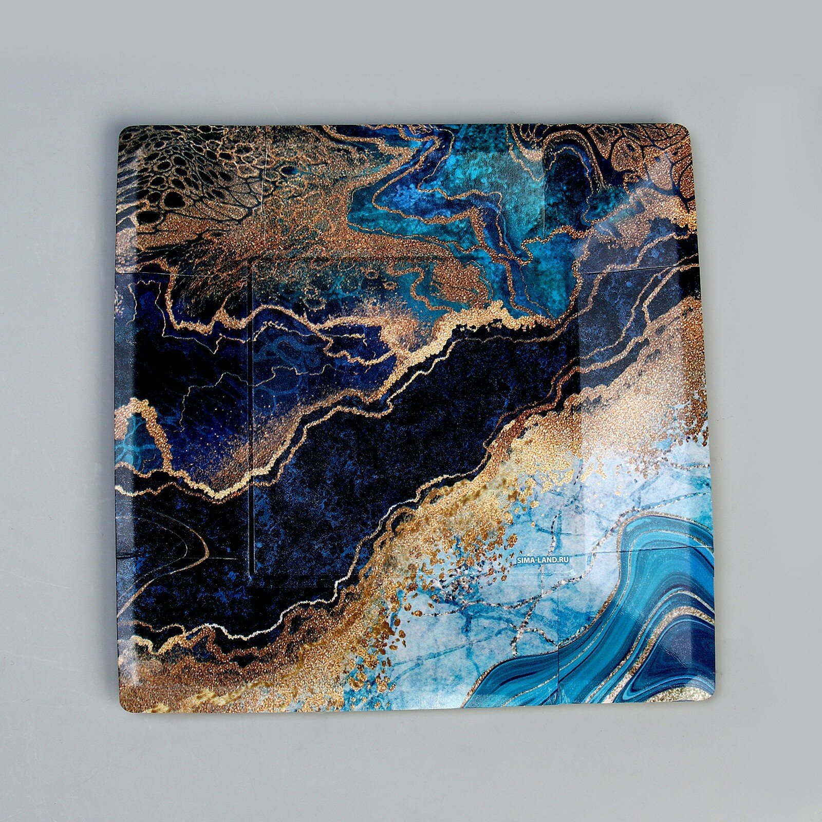 Тарелка одноразовая бумажная квадратная "Мрамор", синий,21 см