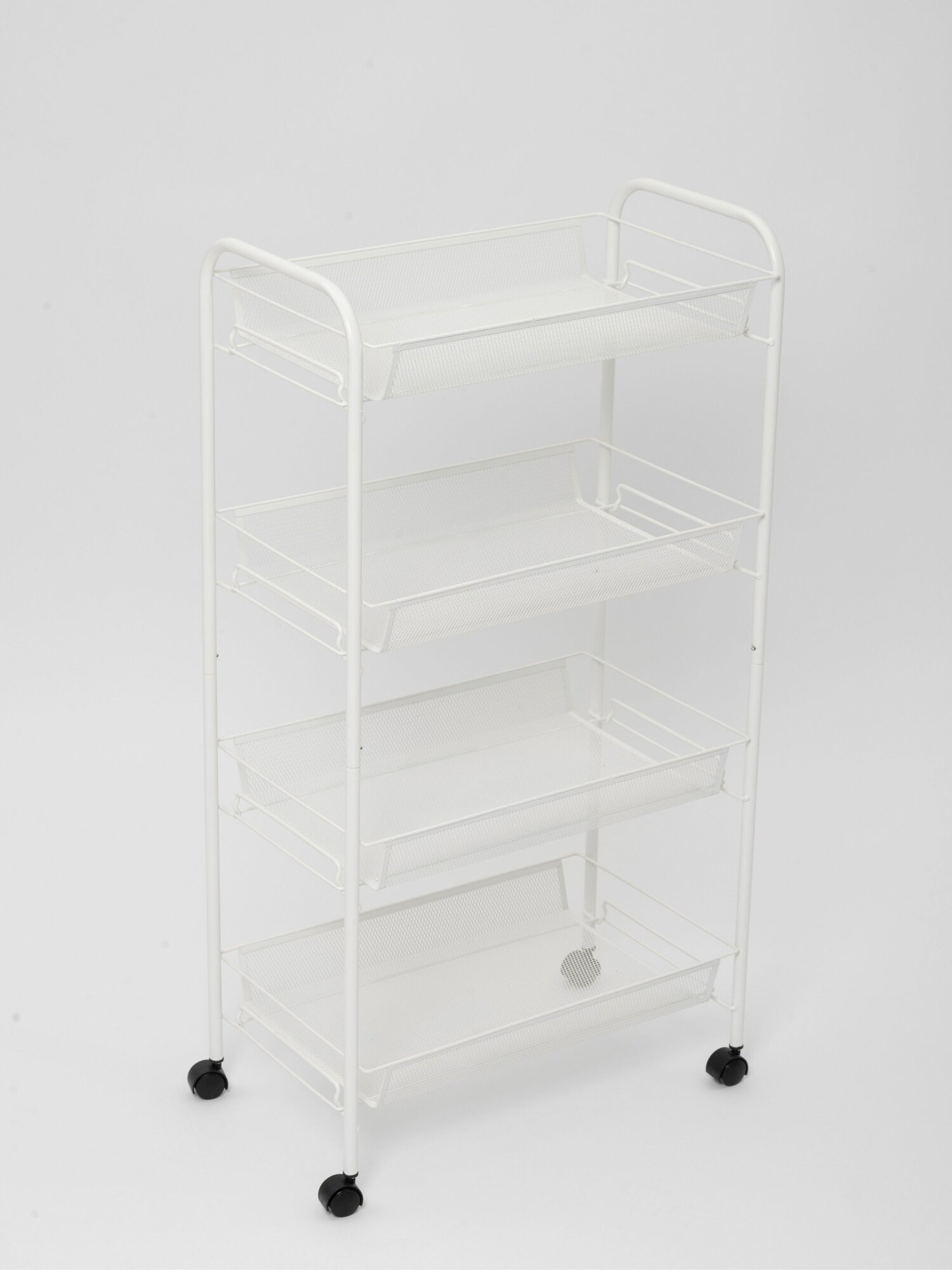 фото Этажерка-стеллаж-тележка "Белая металлическая с четырьмя полками и колесиками"