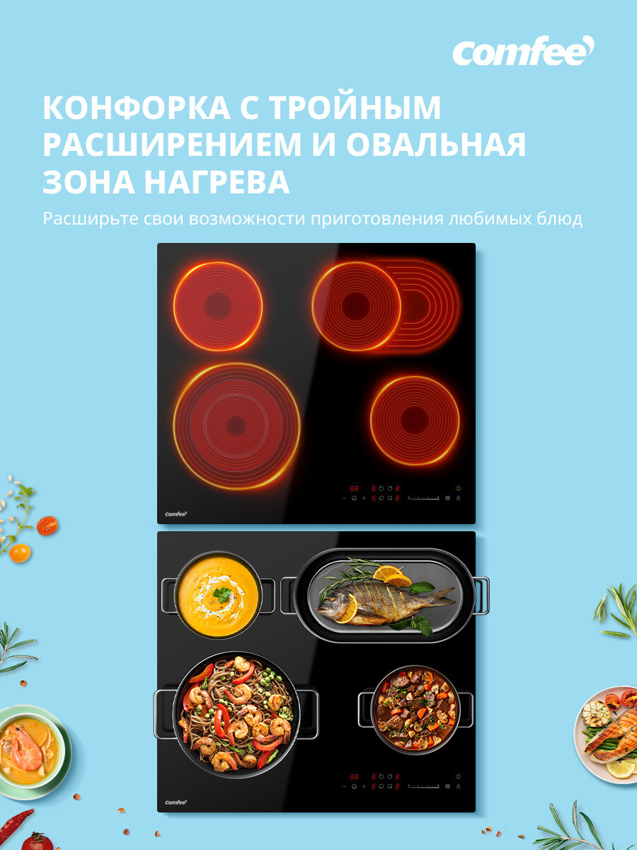 Встраиваемые Варочные Панели Xiaomi Электрическая варочная панель Comfee CEH621, 4 конфорки, 3 зоны расширения, сенсорное управление слайдер