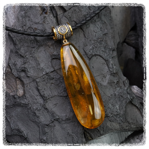 Колье DREVO Кулон «Древо Жизни» с янтарем на кожаном шнурке 17.25 гр., серебро, золото, 925 проба, золочение, янтарь, длина 10 см., золотой, серебряный