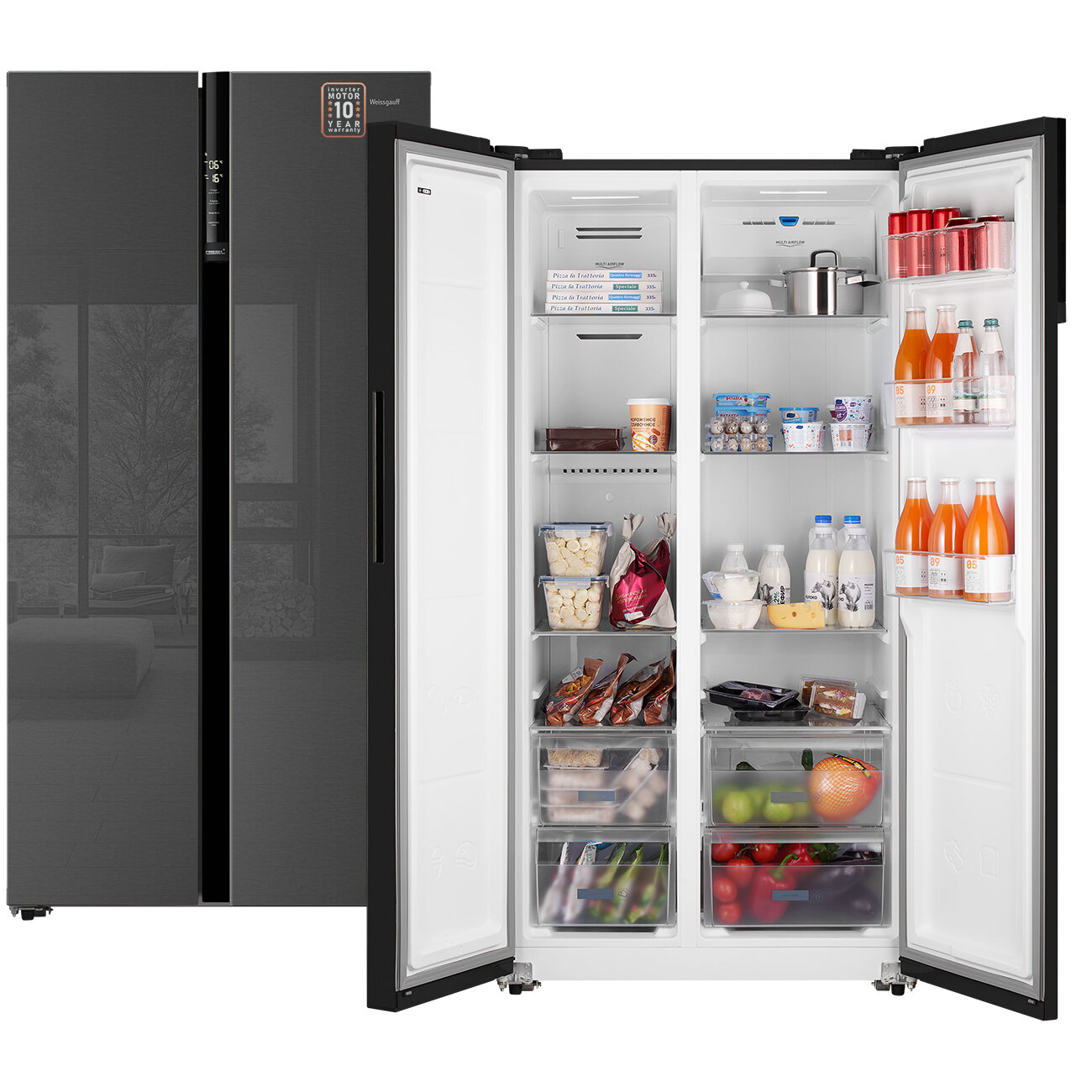 Отдельностоящий холодильник с инвертором Weissgauff WSBS 600 NoFrost Inverter Inox Glass Side by Side двухдверный, 3 года гарантии, Мощность замораживания 12 кг сутки, Объём 660 л, Сенсорное управление, Цифровой дисплей, LED освещение, A++