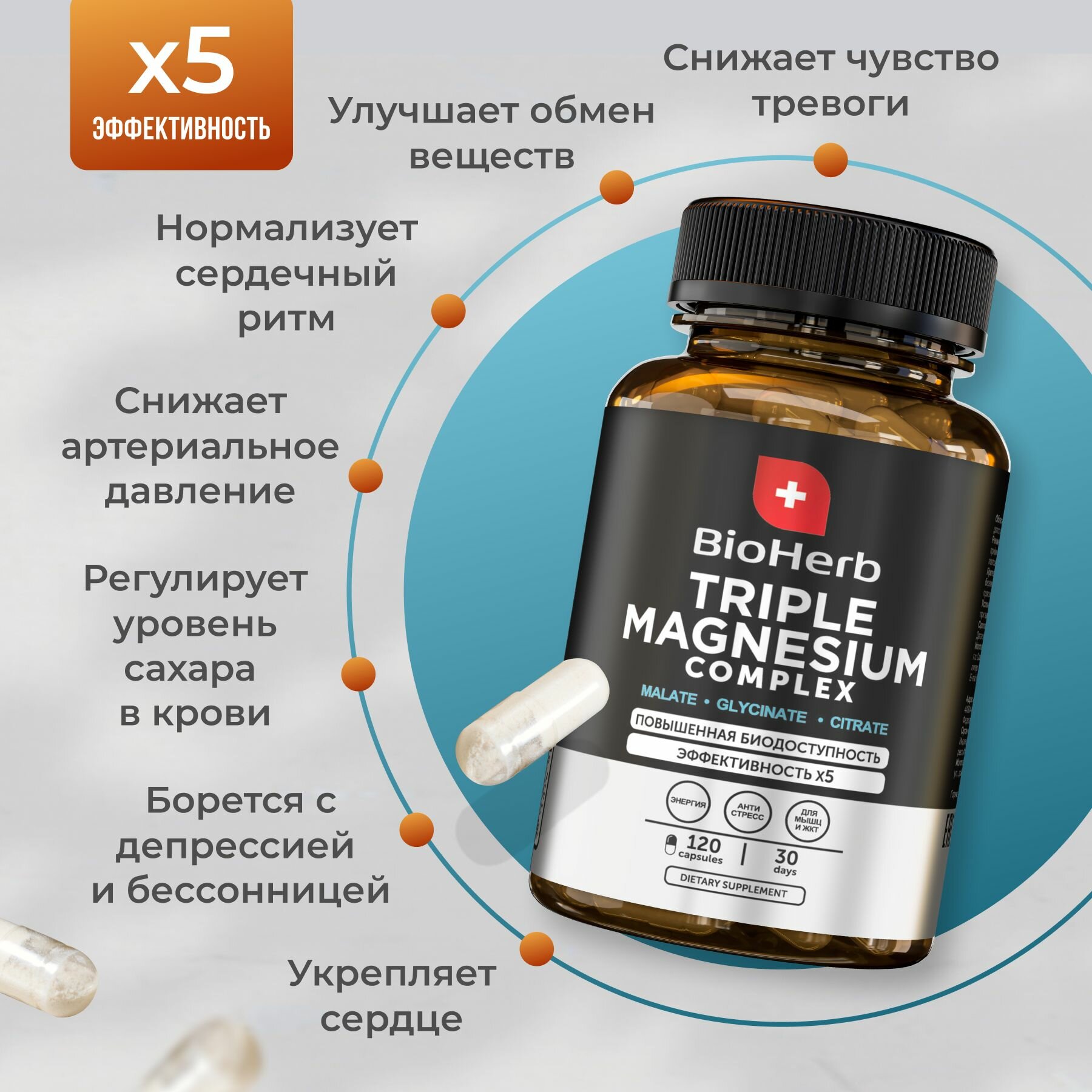 BioHerb Магний 3в1 цитрат, малат, бисглицинат, 120 капсул — фото 1