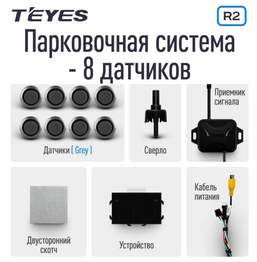 Передние и задние парктроники Teyes R2, Серые, 8 штук