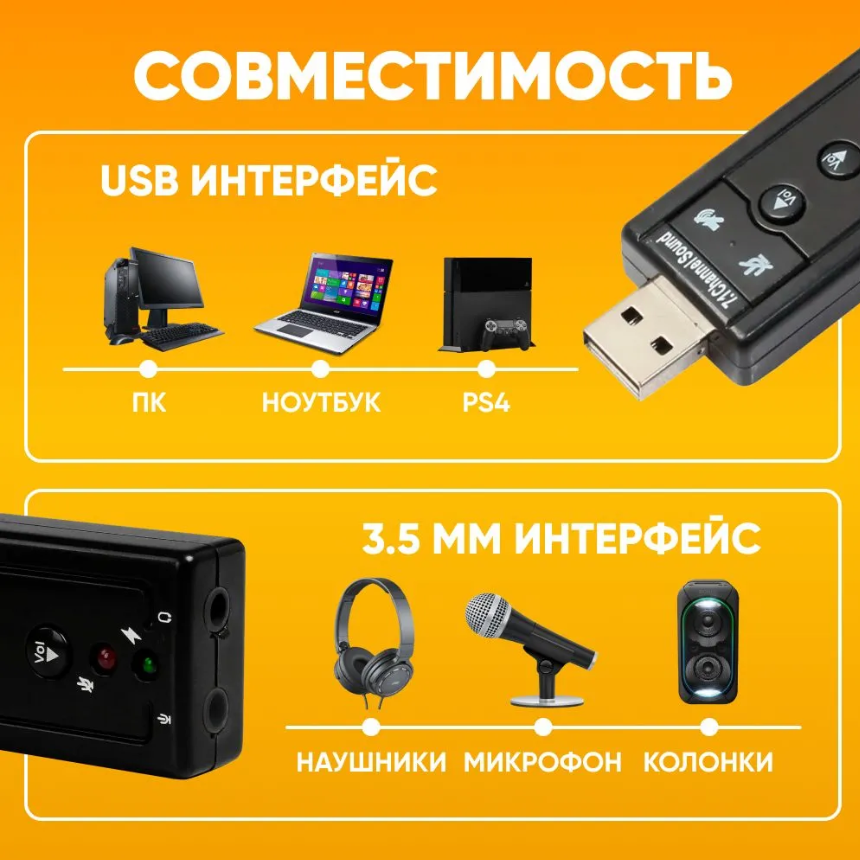 Внешняя звуковая карта USB 7.1/адаптер для наушников с микрофоном/аудио адаптер/переходник для наушников usb audio adapter — фото 1