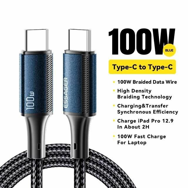 Длинный провод Essanger 100w Type-C. Для быстрой зарядки Ноутбука, Macbook, Samsung, Xiaomi, Huawei. 1 метр