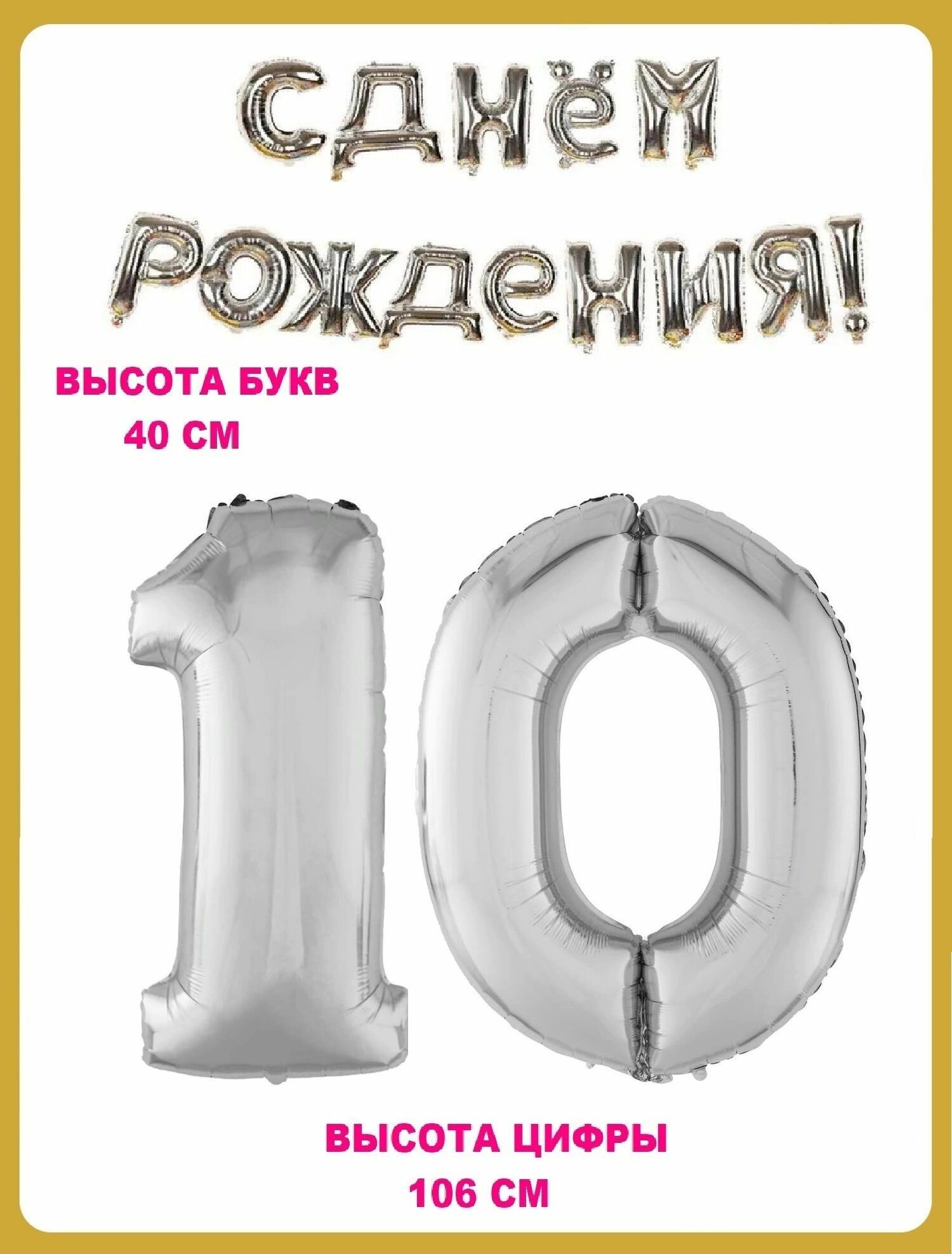 Набор шаров Цифра 10 + Гирлянда в виде надписи С днем рождения! серебро (шс1)(шс0)(шсг)