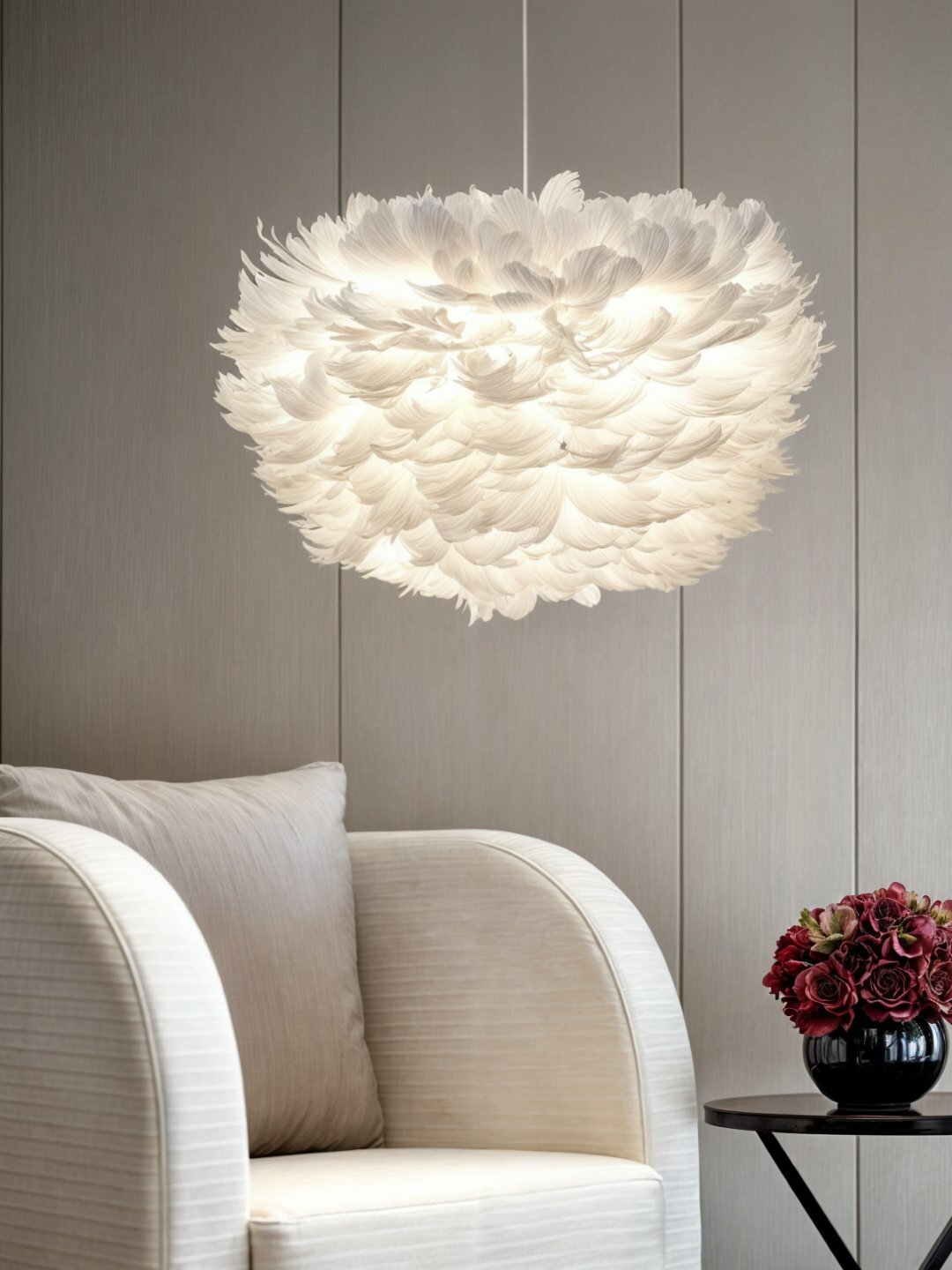Люстра подвесная с перьями, с цоколем Е27, для спальни, зала, детской 50 см, Белый — фото 1