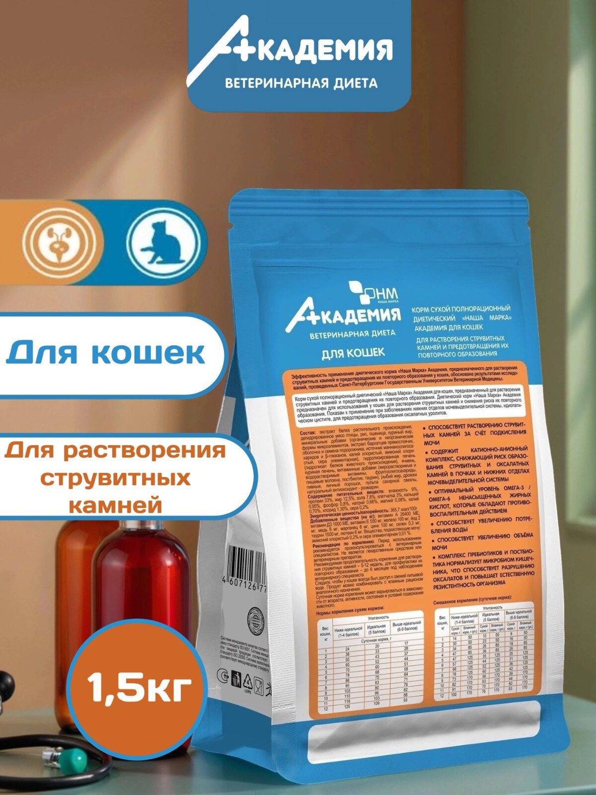 Корм для кошек Академия для растворения струвитных камней  предотвращения их образования 1 5кг