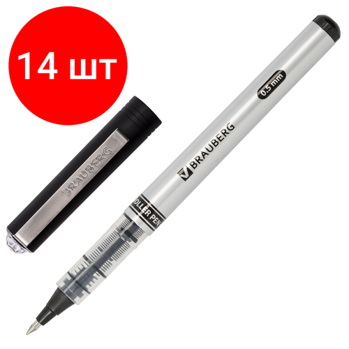 Комплект 14 шт, Ручка-роллер BRAUBERG Flagman, черная, корпус серебристый, хромированные детали, узел 0.5 мм, линия письма 0.3 мм, 141555