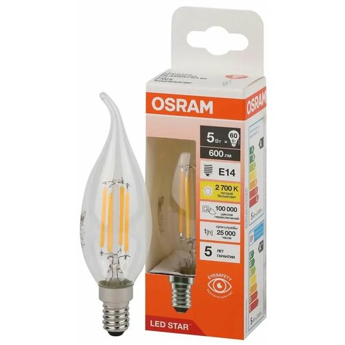 Лампа светодиодная OSRAM 5Вт E14 Свеча на ветру BA Филаментная Стекло 600Лм 220В 2700К Теплый белый, уп. 1шт