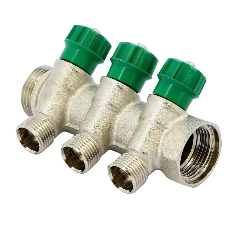 фото Коллектор с вентилями Tiemme 1"нв - 3 х 1/2"(16) никель 1840005(1868N160403)