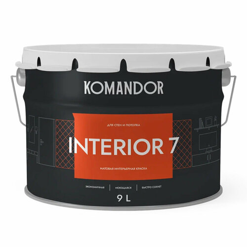 Краска для стен и потолков Komandor Interior 7, матовая, база А, белая, 9 л