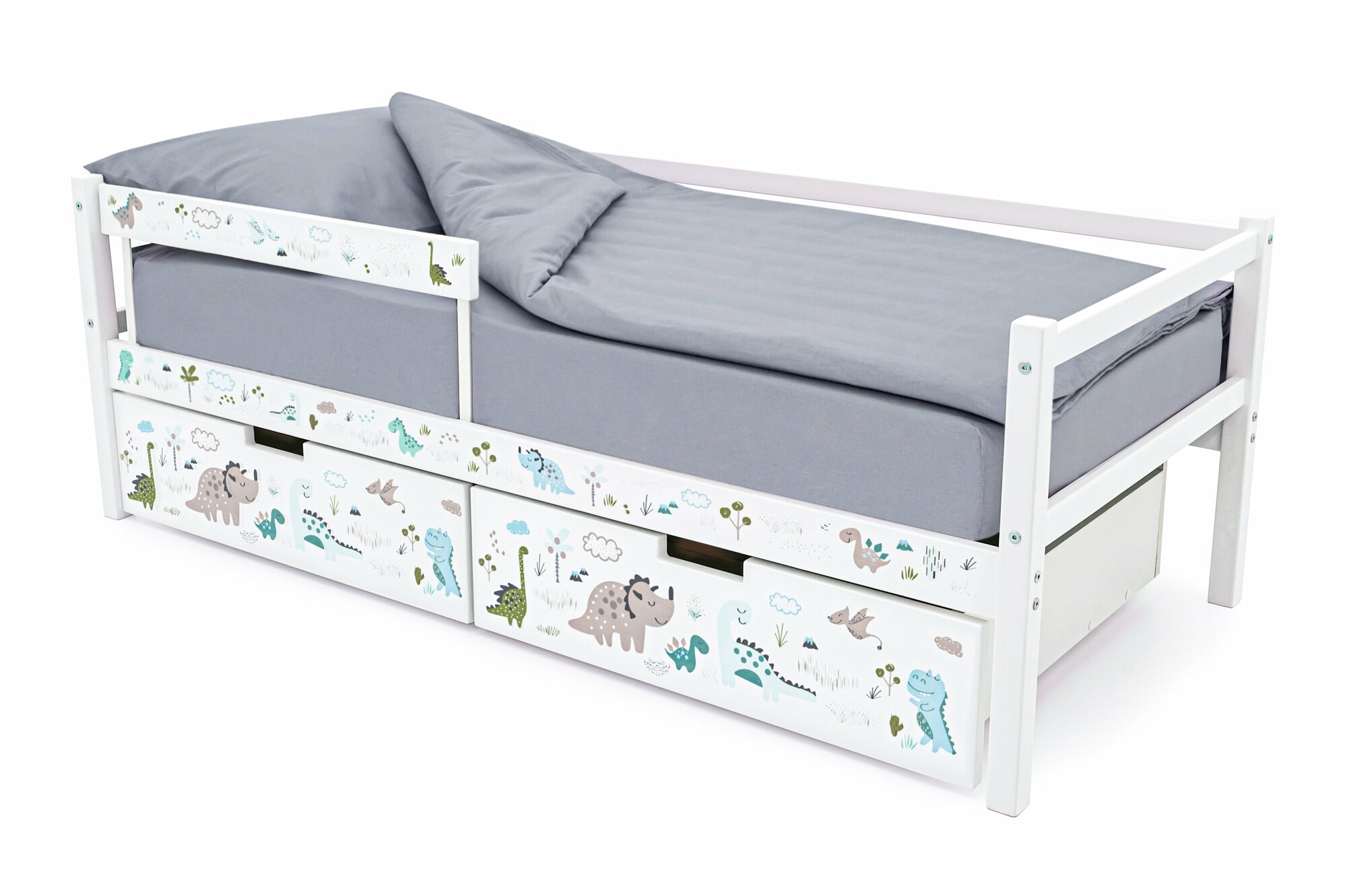 фото Детская деревянная кровать-тахта c бортиком и фотопечатью Svogen белый/мишки