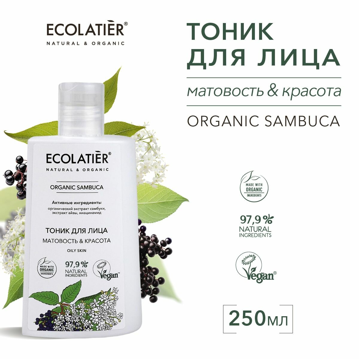 ECOLATIER / Тоник для лица Серия ORGANIC SAMBUCA, 250 мл