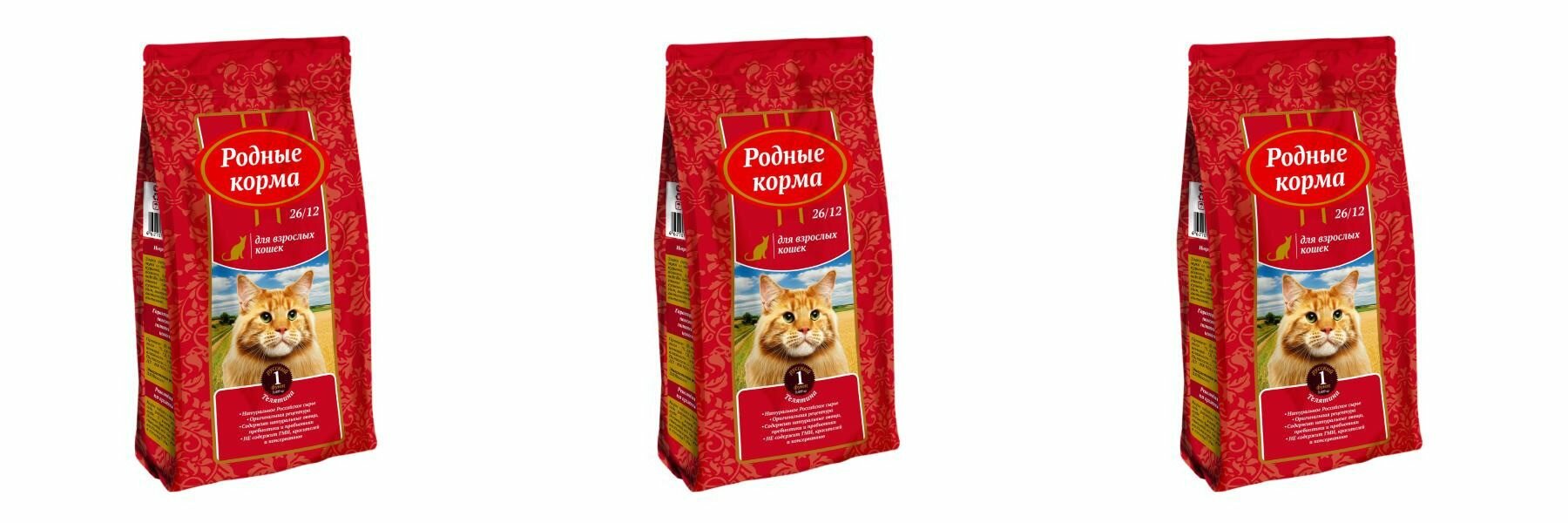 Родные Корма Сухой корм для взрослых кошек С телятиной, 409 г, 3 шт