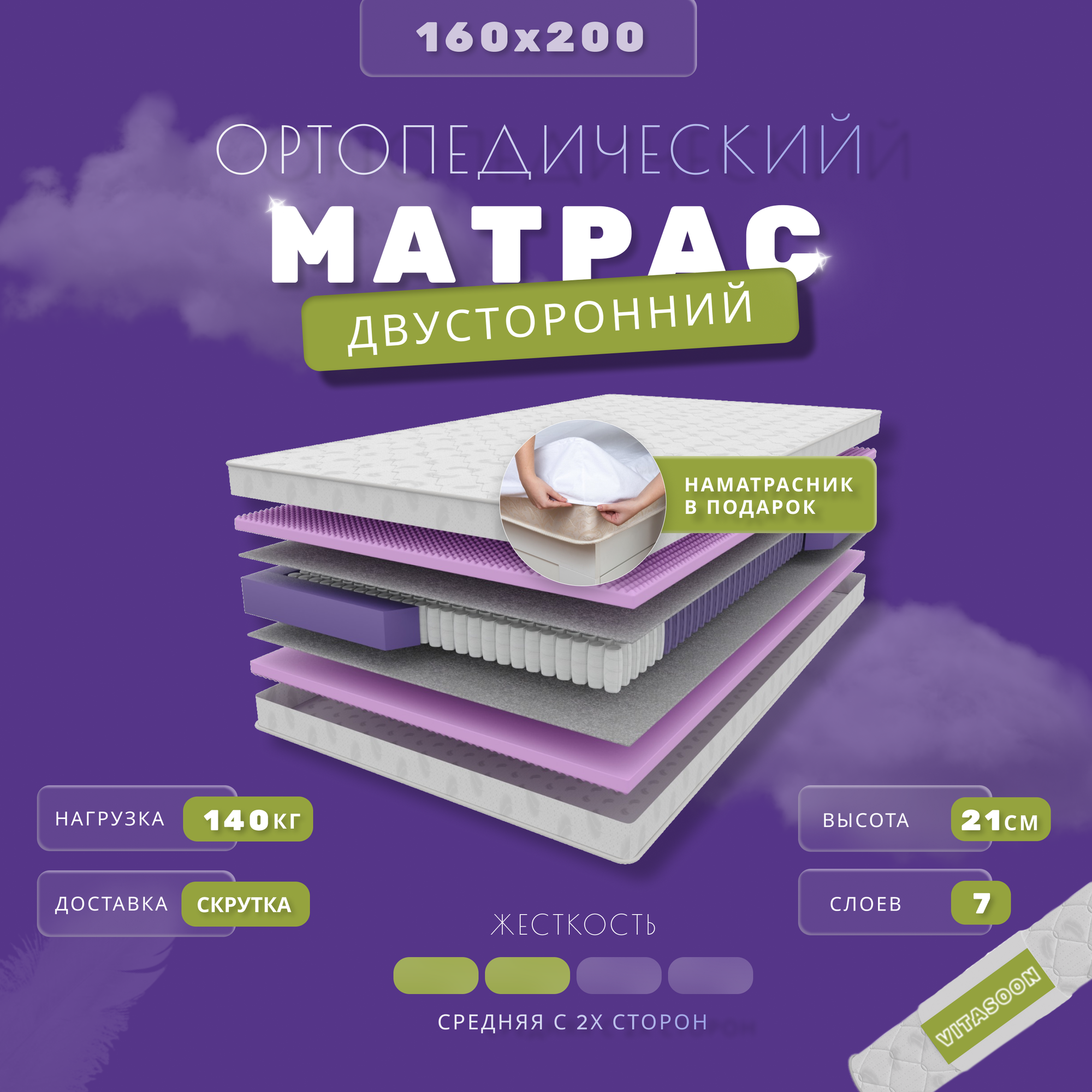 Ортопедический пружинный двуспальный матрас VitaSoon STRONG Ck 160х200, ППУ, анатомический, средняя жесткость, в скрутке