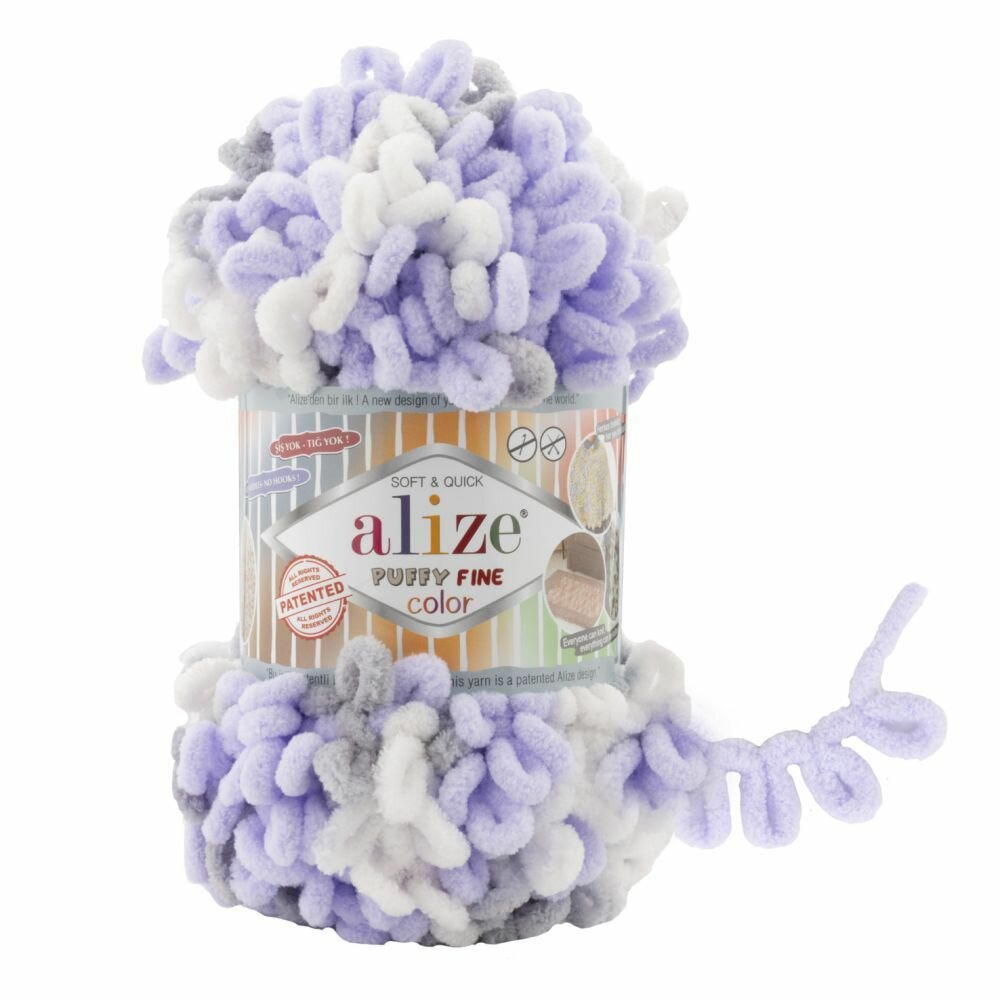 Пряжа PUFFY FINE COLOR (Alize), сирень-бел - 6372, 100% микрополиэстер, 5 мотков, 100 г, 14 м.