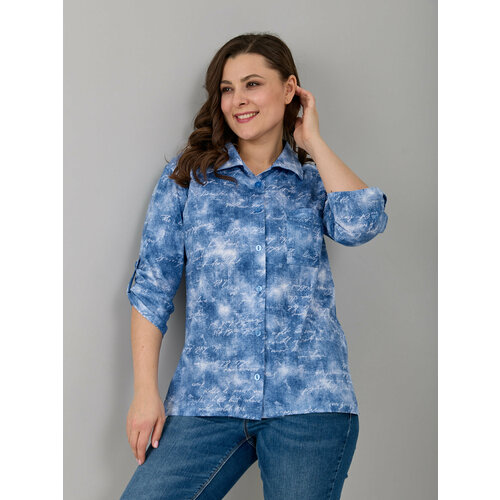 женская блузка с коротким рукавом повседневная офисная рубашка с принтом летняя модная белая рубашка на пуговицах элегантные облегающие Рубашка Алтекс, размер 52, голубой, белый
