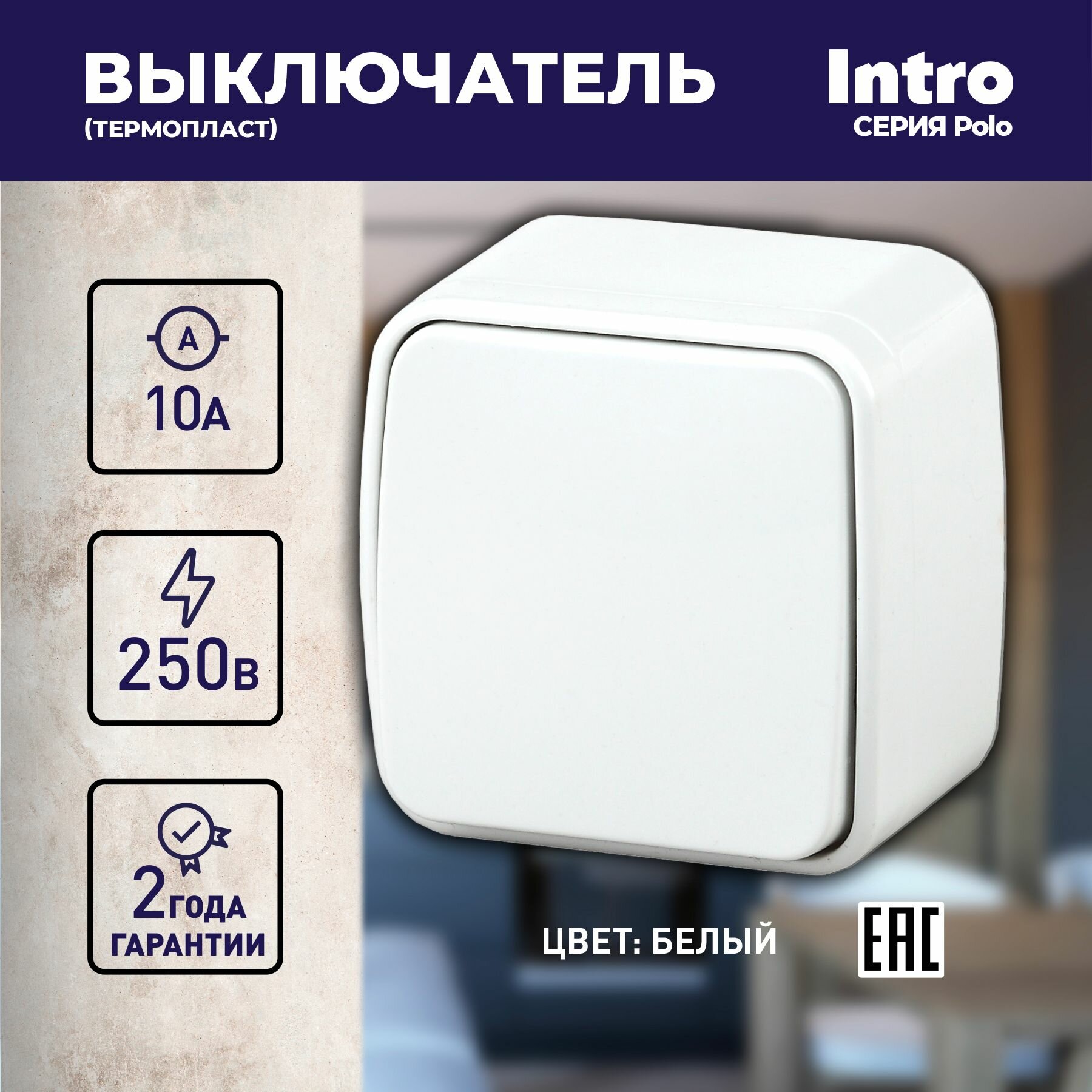 Выключатель одноклавишный Intro Polo 3-101-01 открытой установки 10А 250В белый
